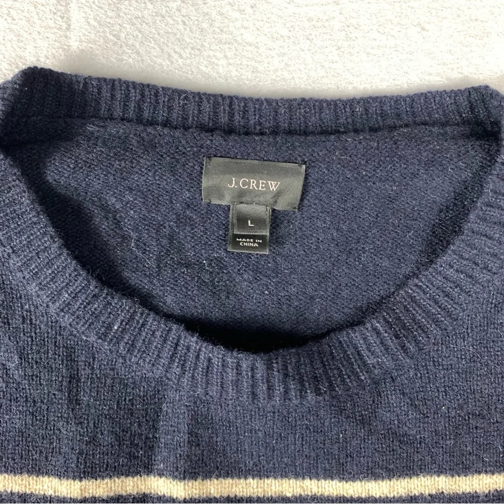 J.Crew Sweater Mens Large Navy Blue Striped Lambs Wool Crew Neck Long Sleeve